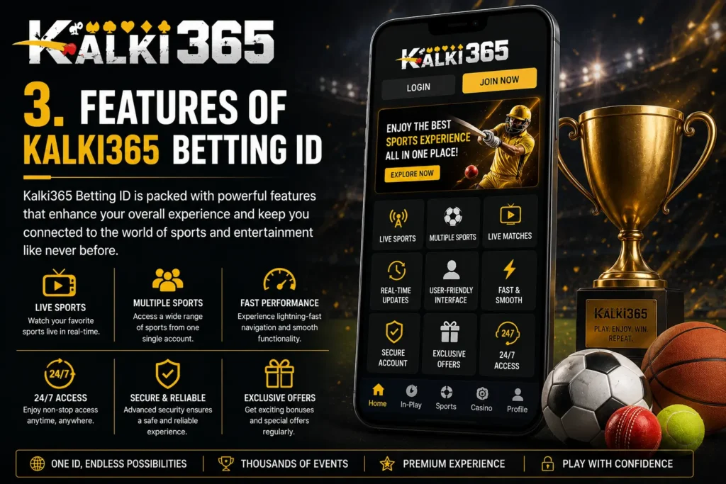 Features of Kalki365 Betting ID image displaying live sports, fast performance, and secure access.