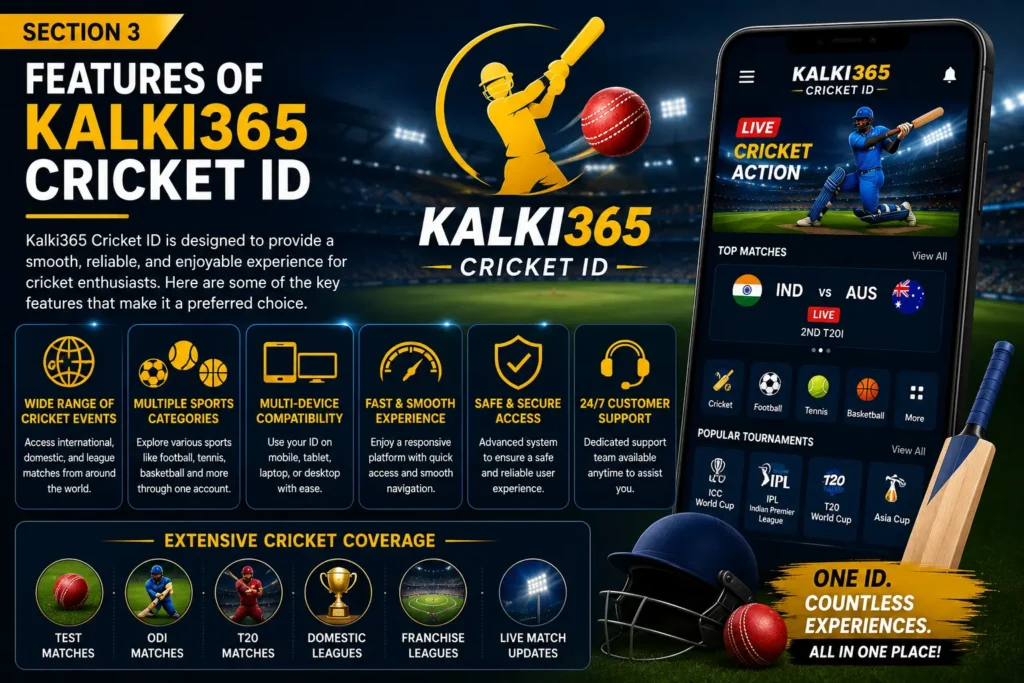 Why choose Kalki365 Cricket ID banner featuring sports coverage and premium user experience.
