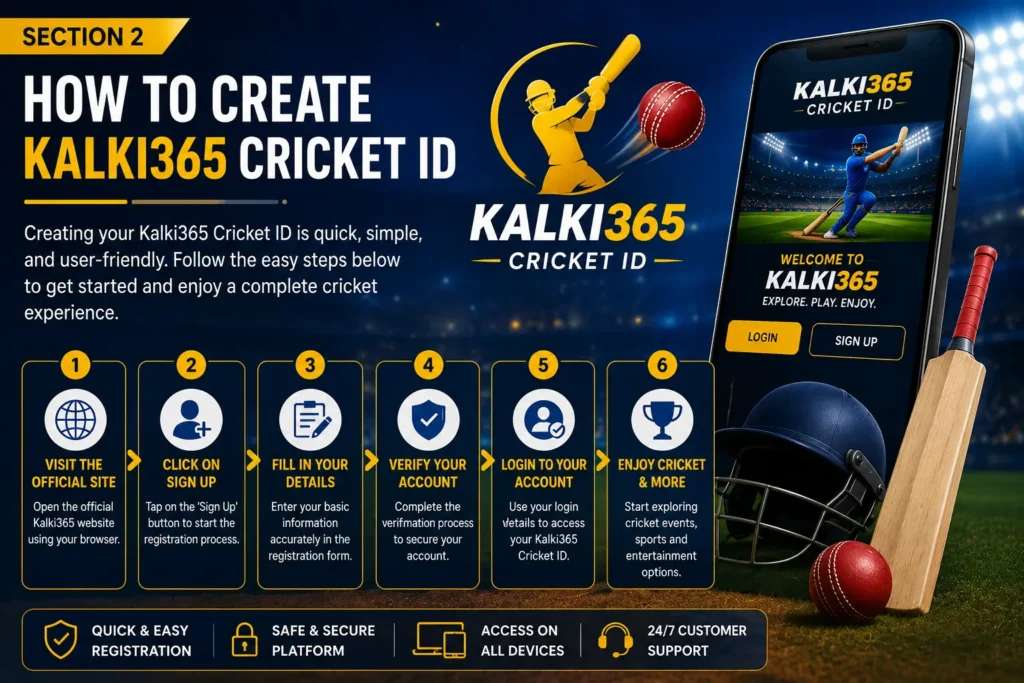 Step-by-step guide image showing how to create a Kalki365 Cricket ID.