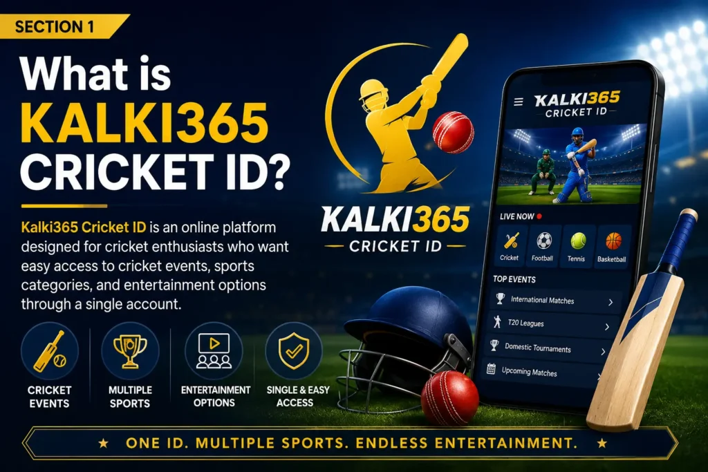Kalki365 Cricket ID introduction banner with cricket-themed design and mobile platform interface.