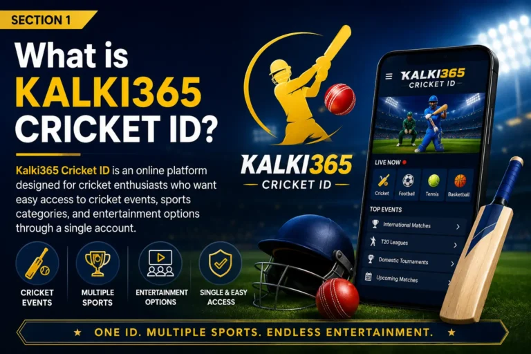 Kalki365 Cricket ID introduction banner with cricket-themed design and mobile platform interface.