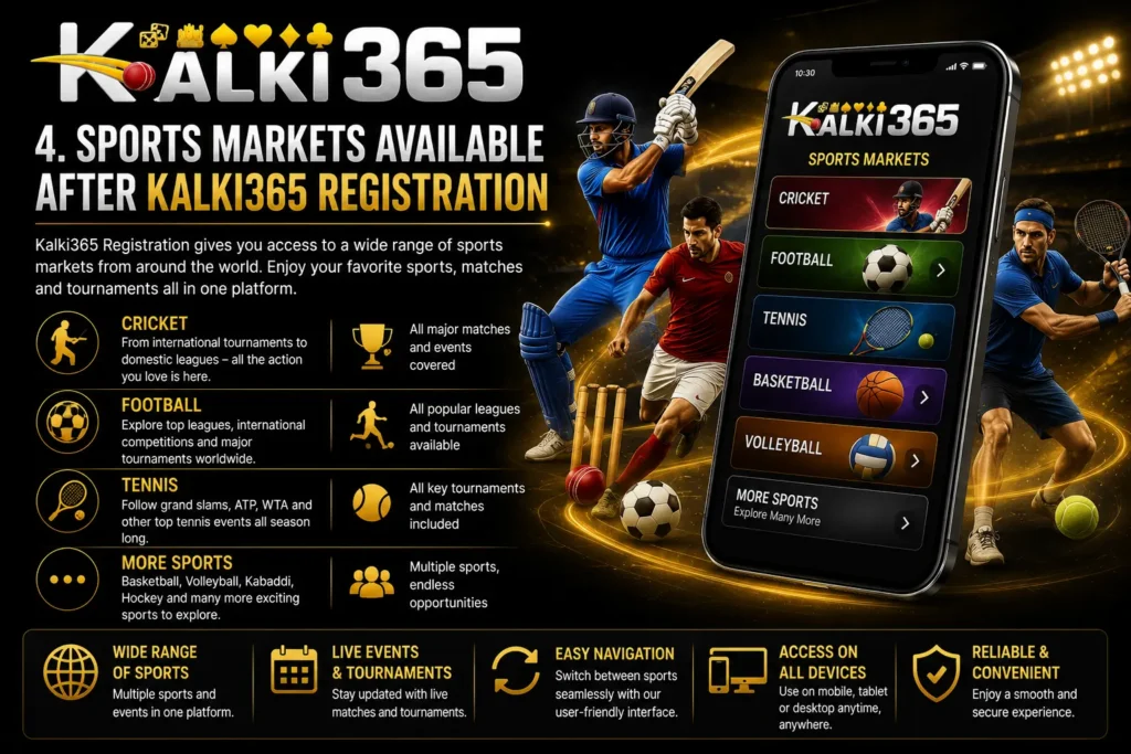 Kalki365 sports markets image displaying cricket, football, tennis, and other available categories.