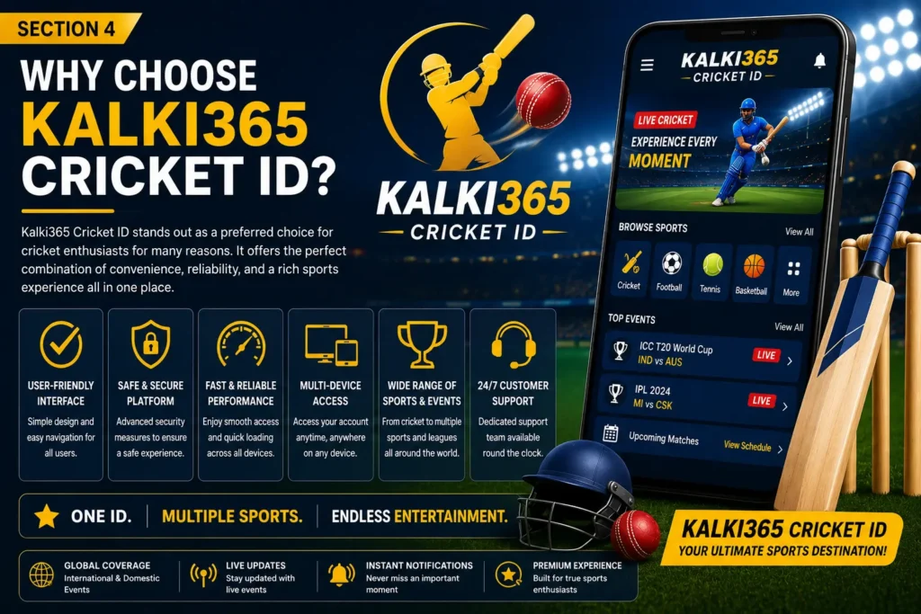 Features of Kalki365 Cricket ID image highlighting live cricket coverage and multi-device access.